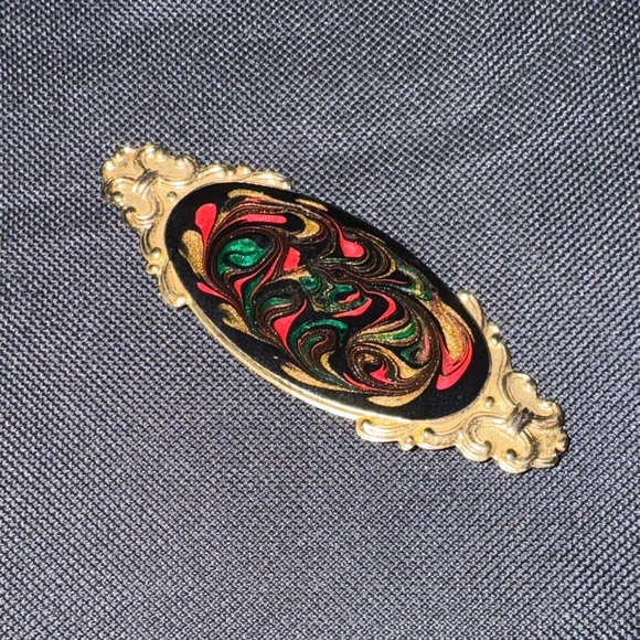 Vintage Oval Gold Tone Multicolor Swirl Brooch Red Green Black | Statement Pin - Picture 2 of 5